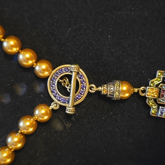 Heidi Daus Bronze Crystal Pearl Necklace Art Deco Toggle w Matching Earrings Box - Picture 3 of 11